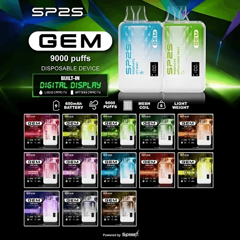 SP2S GEM 9000口拋棄式電子煙｜智能雙顯螢幕｜12ml大容量｜16種口味現貨